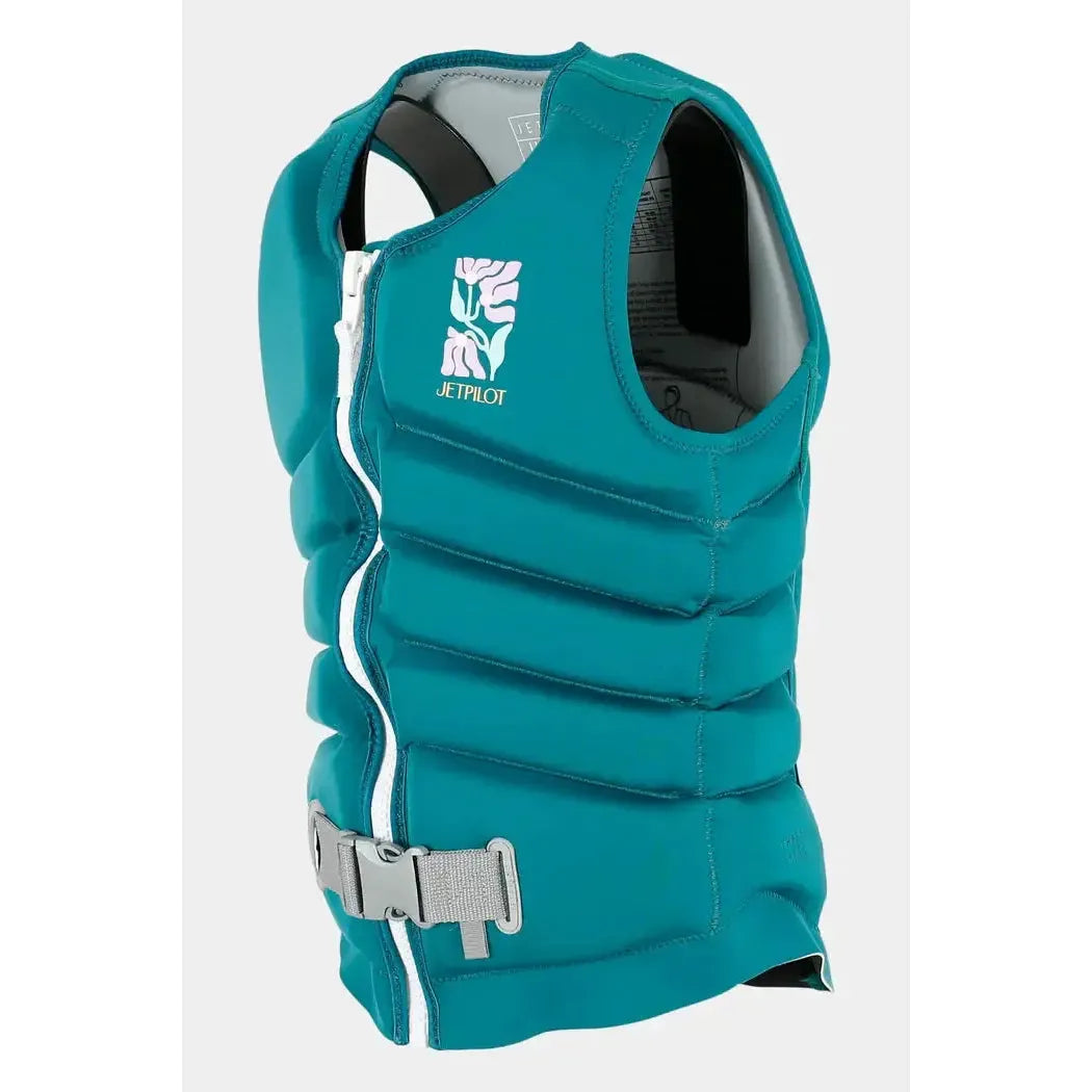Teal Jetpilot eco wakeboard vest with white zipper and logo, sold at Welcome Boardstore