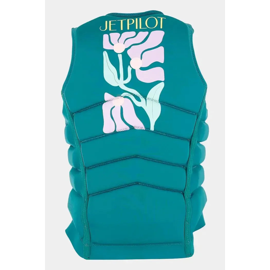 Jetpilot women's teal eco wakeboarding vest with floral graphic, back view