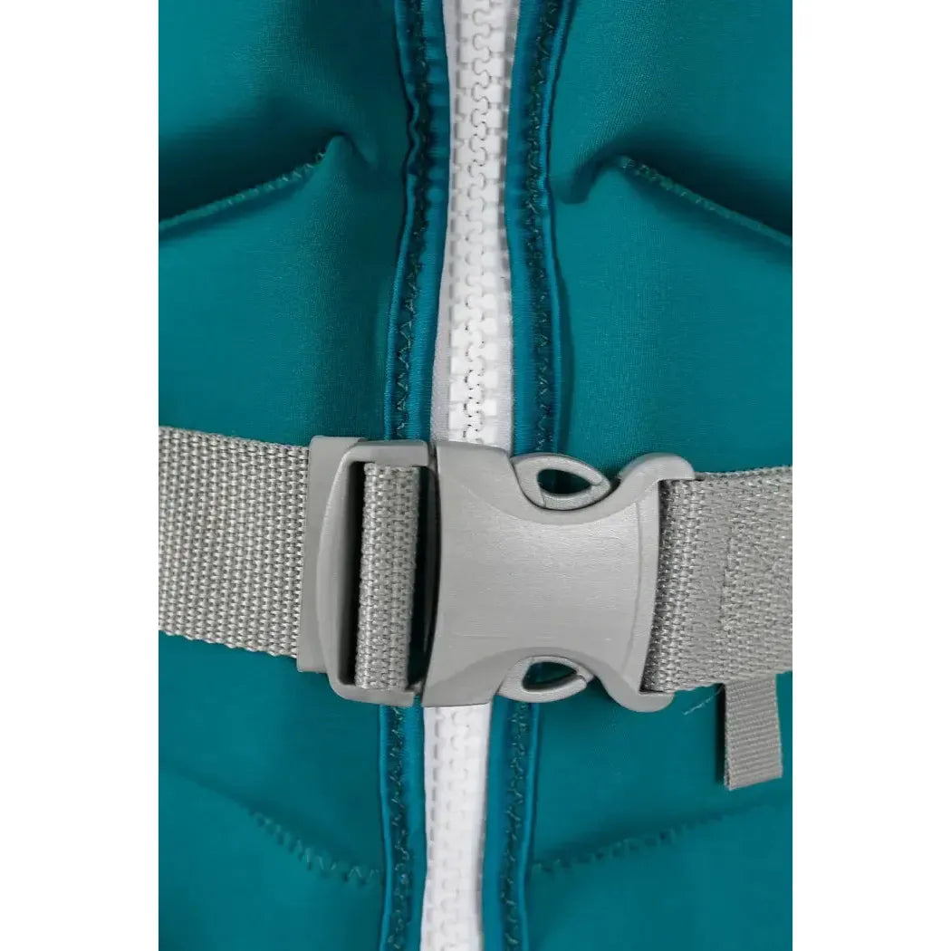 Close-up of green wakeboard or surf vest with white zipper and grey safety buckle