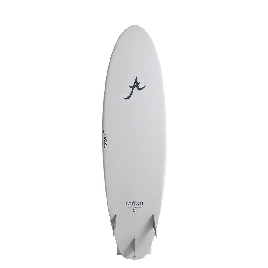 White surfboard with logo and unique twin fin setup, essential surf equipment