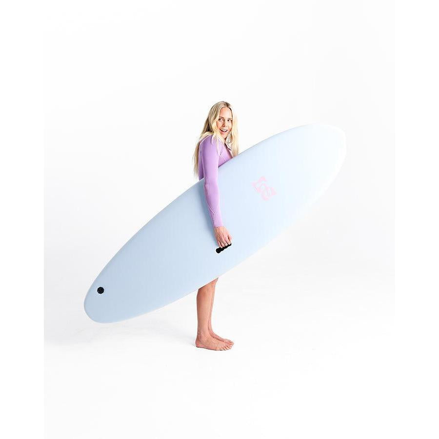 Woman in purple rash guard holding light blue surfboard, surf equipment, white background
