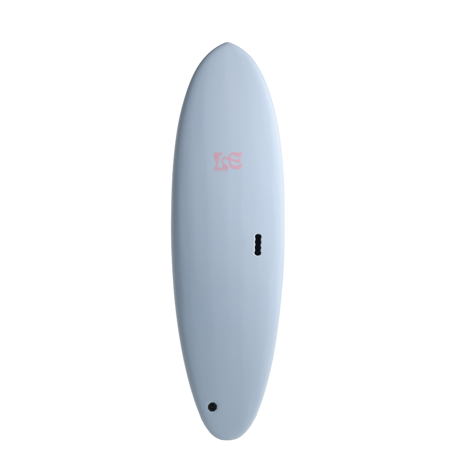 Light blue surfboard with pink LE logo, photographed on white background for Boardstore