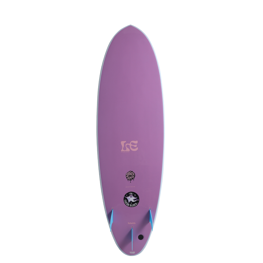 Purple surfboard with blue fins and logos, ideal for surfing, available at Welcome Boardstore