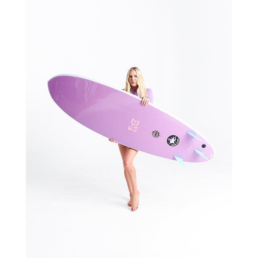 Woman holding a purple surfboard with blue fins, surf essentials, Welcome Boardstore