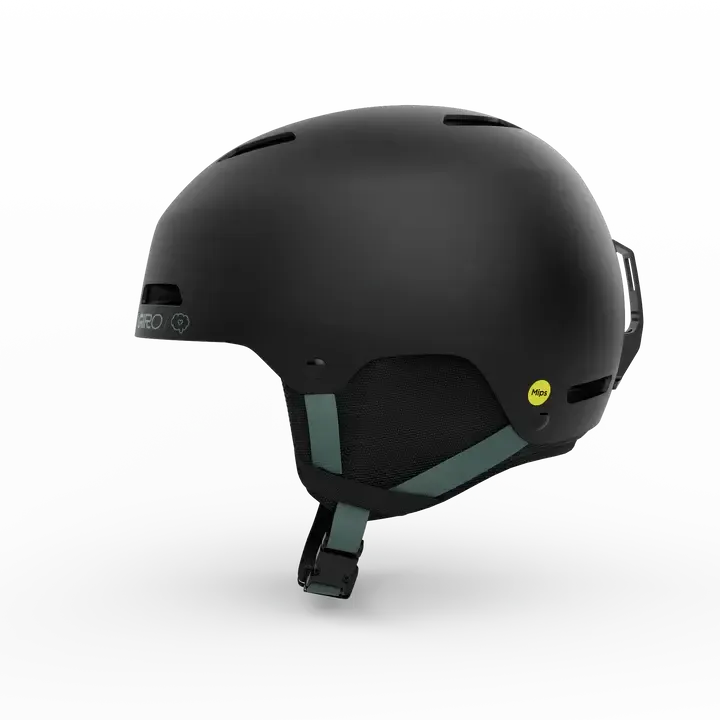 2026 Giro Ledge FS Mips Snow Helmet| Black helmet with green accents on a white background