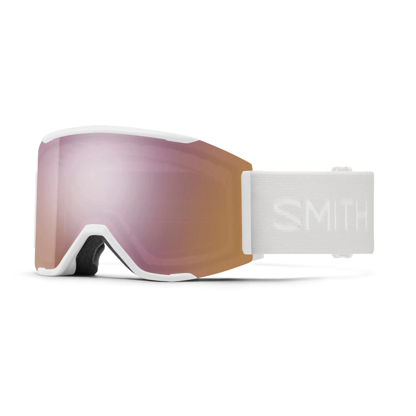 Smith white snow goggles with pink mirrored lens on white background, snowboarding gear
