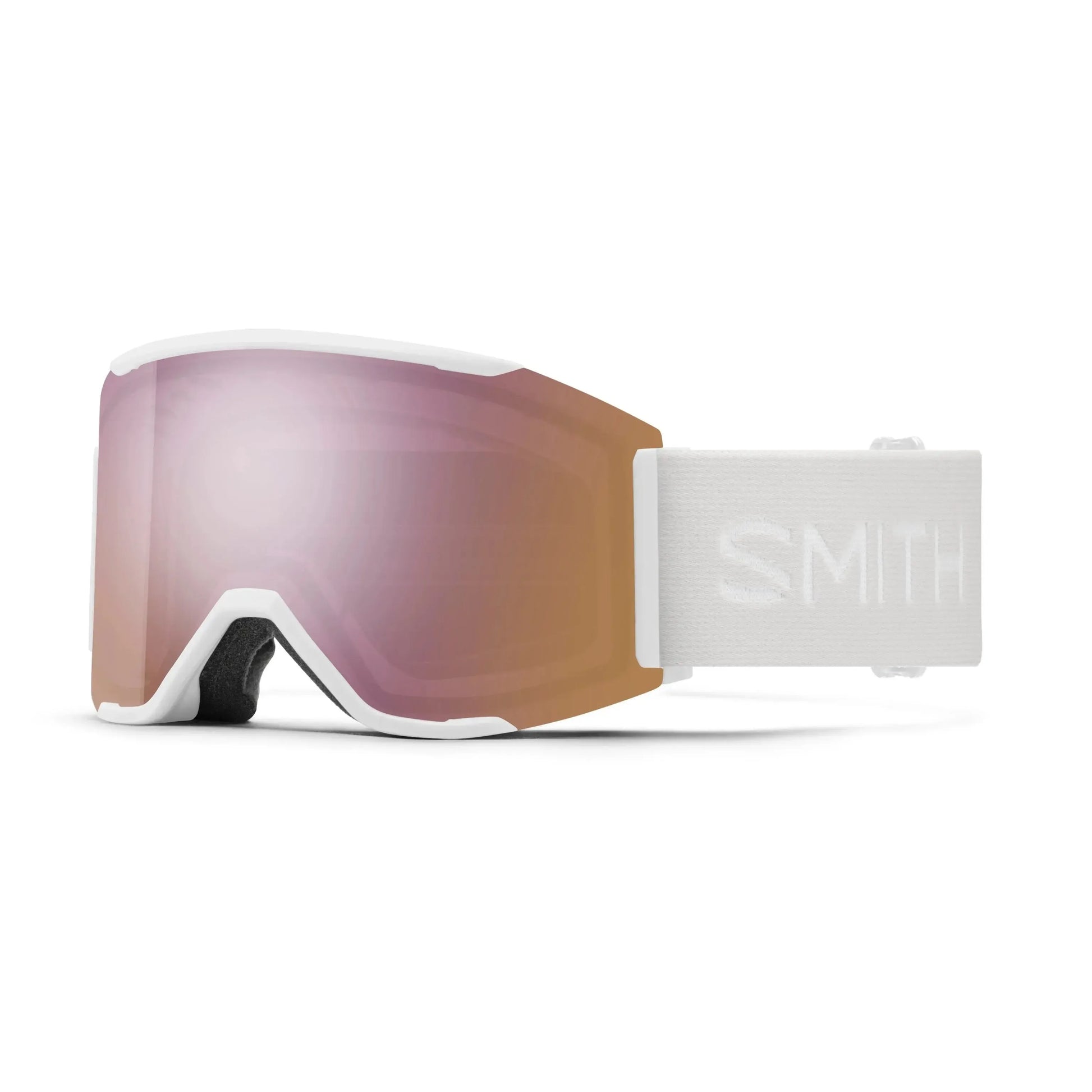 Smith white snow goggles with pink mirrored lens on white background, snowboarding gear