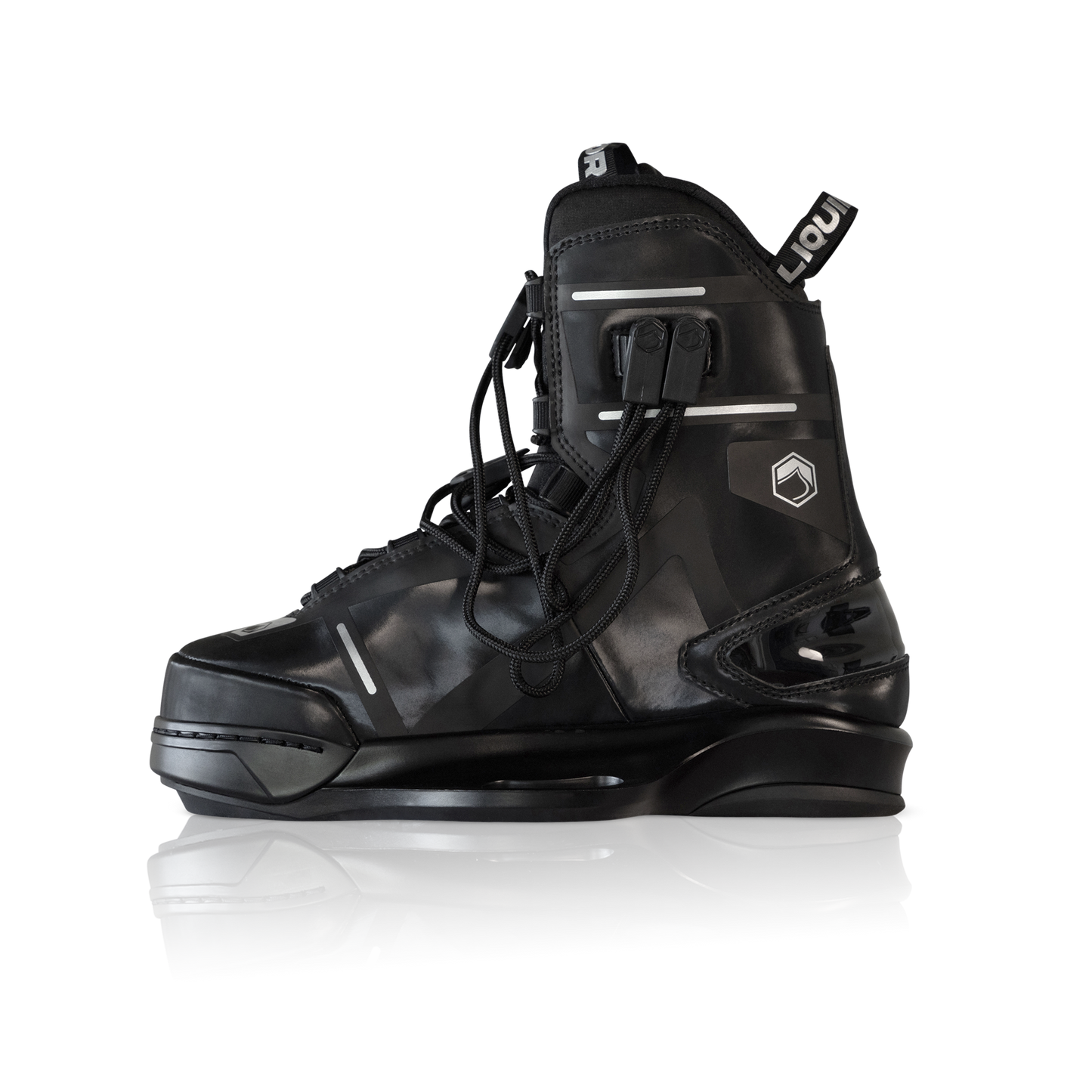 2027 Liquid Force Aero 6X Wakeboard Bindings Black - angled view showing dual-zone lacing and 6X chassis