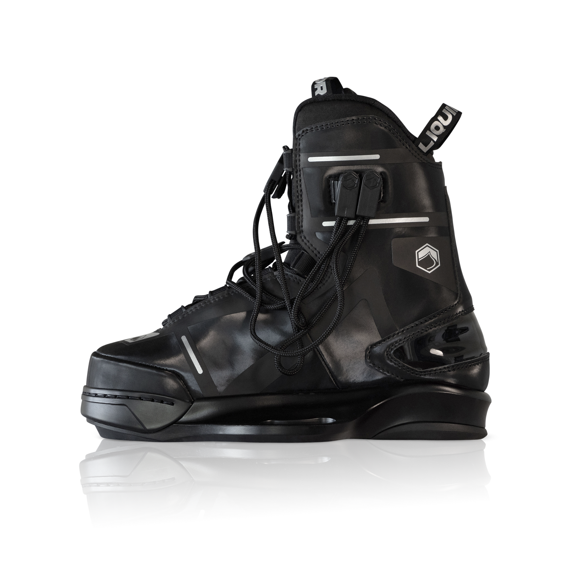 2027 Liquid Force Aero 6X Wakeboard Bindings Black - angled view showing dual-zone lacing and 6X chassis