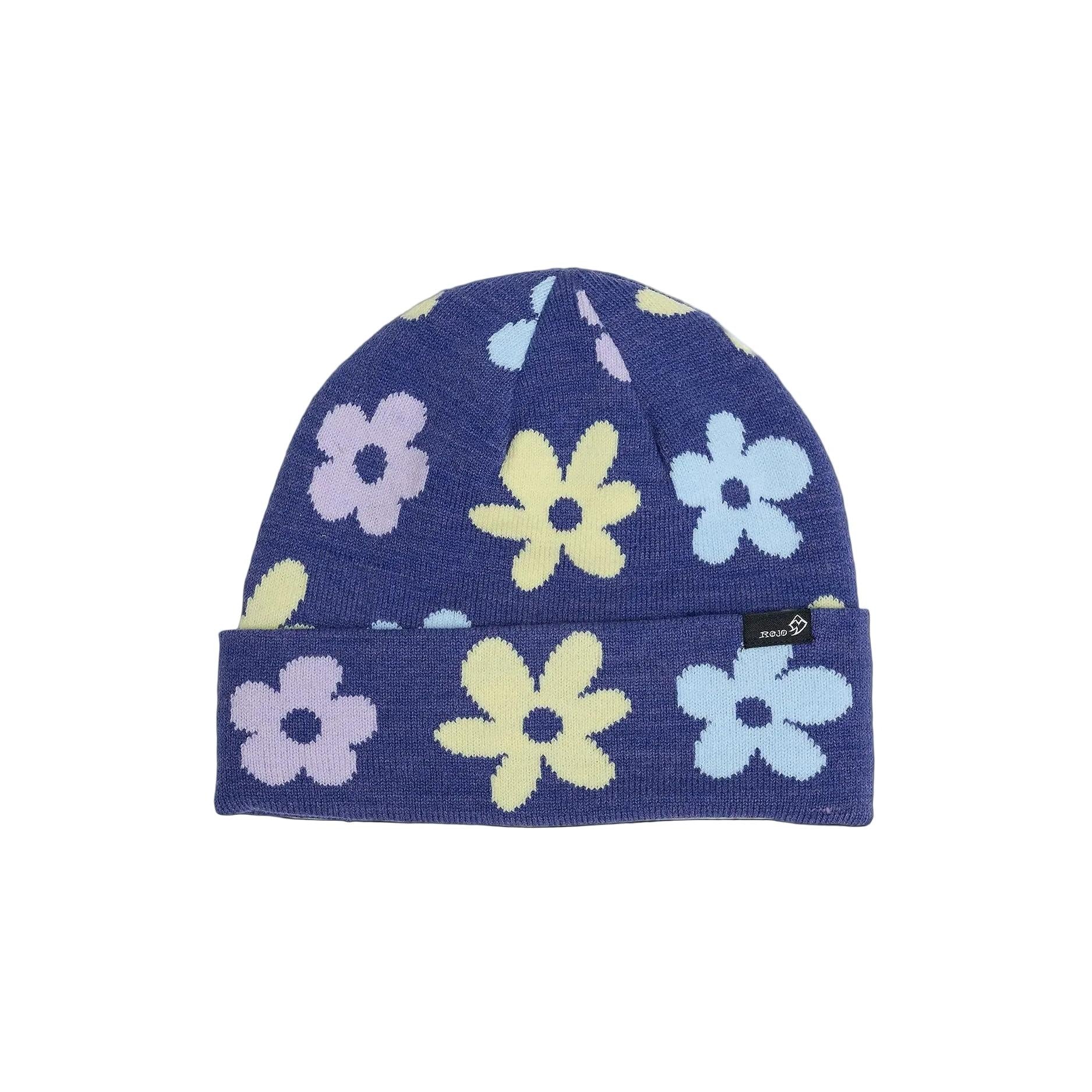 Rojo Spring Bloom Beanie Blue beanie with colorful flower patterns on a white background