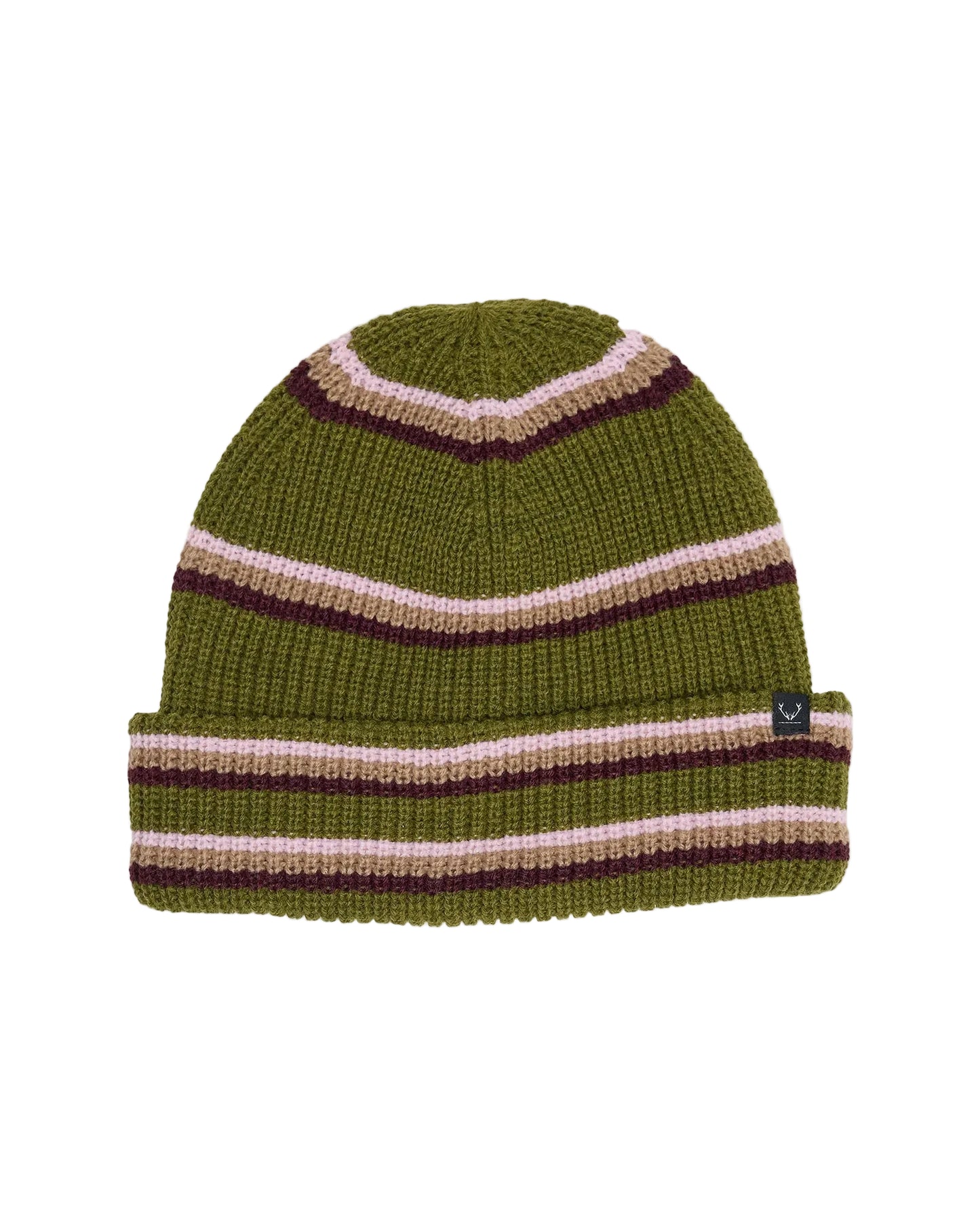 ROJO Super Stripe Beanie Knitted beanie with striped pattern on a light gray background
