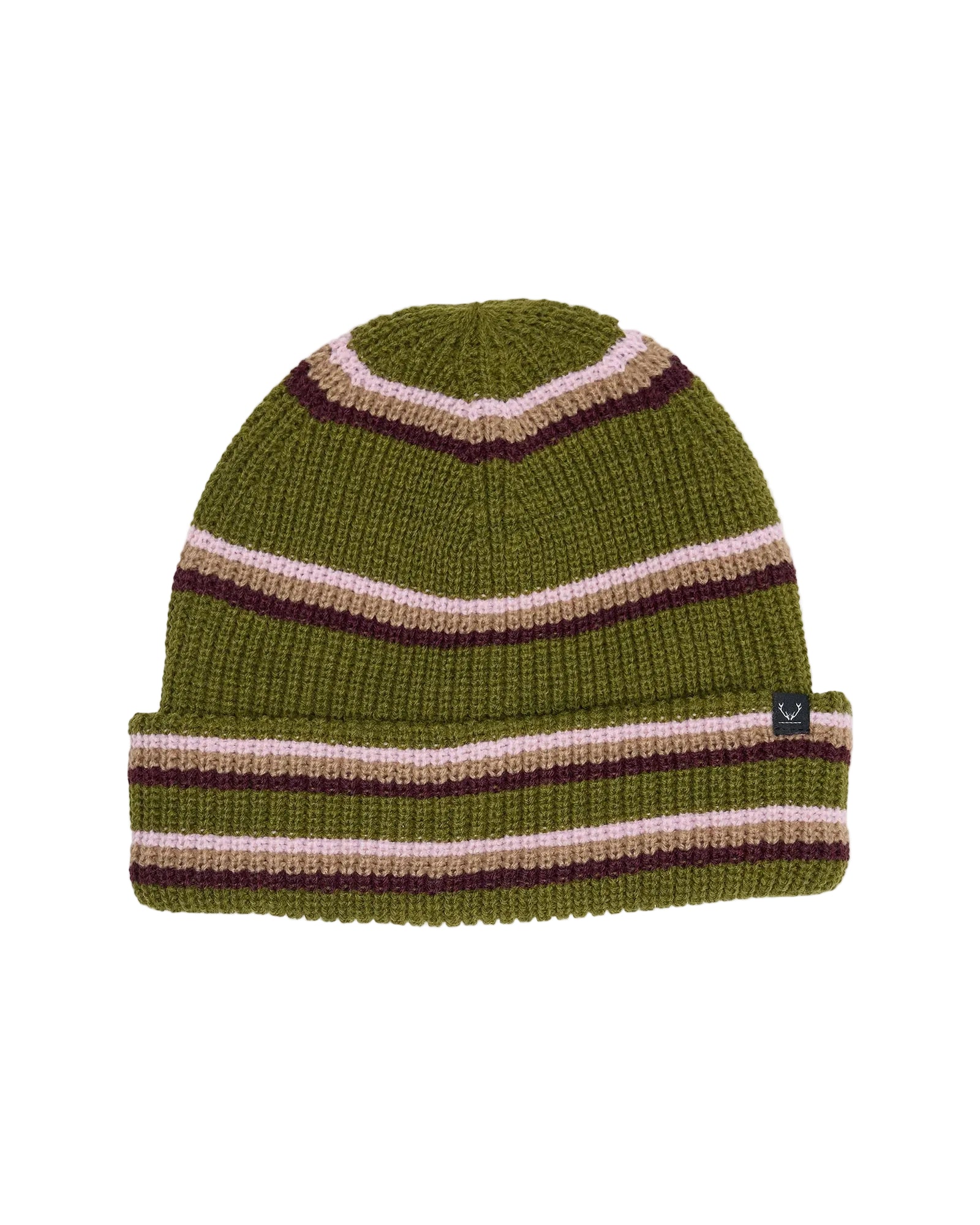 ROJO Super Stripe Beanie Knitted beanie with striped pattern on a light gray background