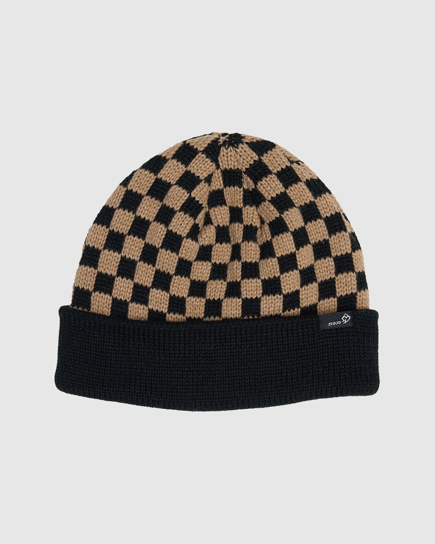 Rojo Cosy Check Beanie Checkered beanie with black and beige pattern on a light gray background