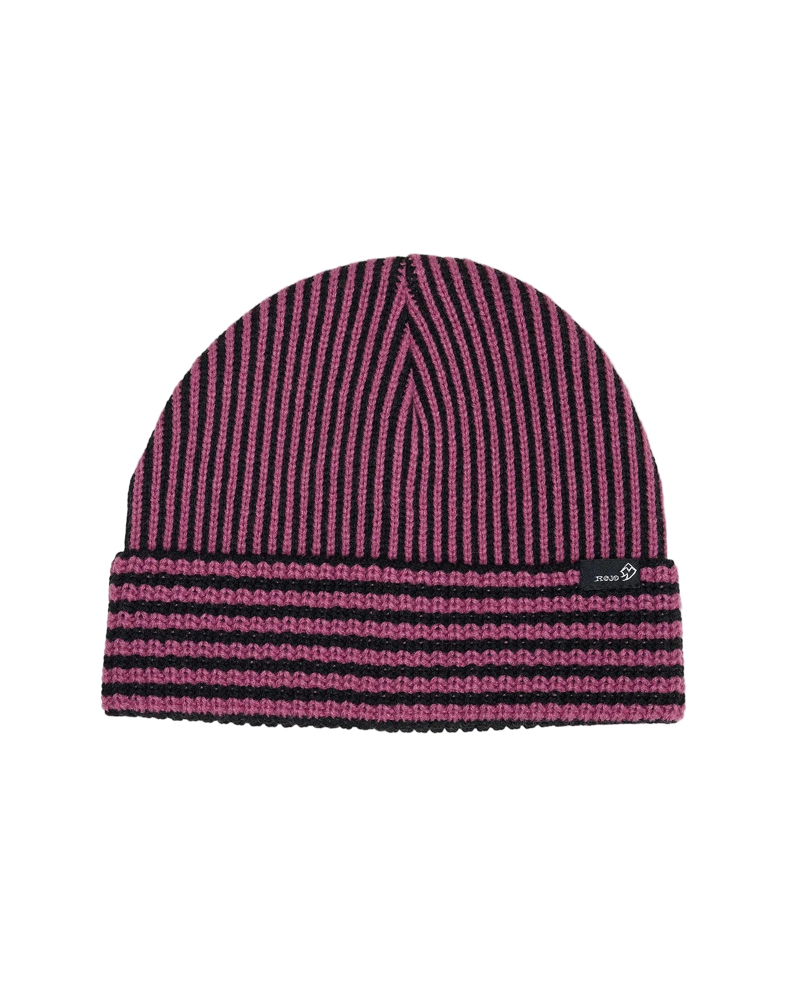 Rojo Vert Beanie Knitted beanie with pink and purple stripes on a light gray background
