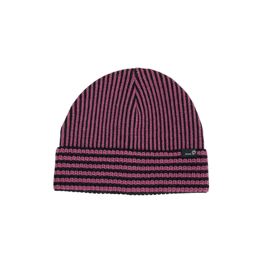 Rojo Vert Beanie Knitted beanie with pink and purple stripes on a light gray background