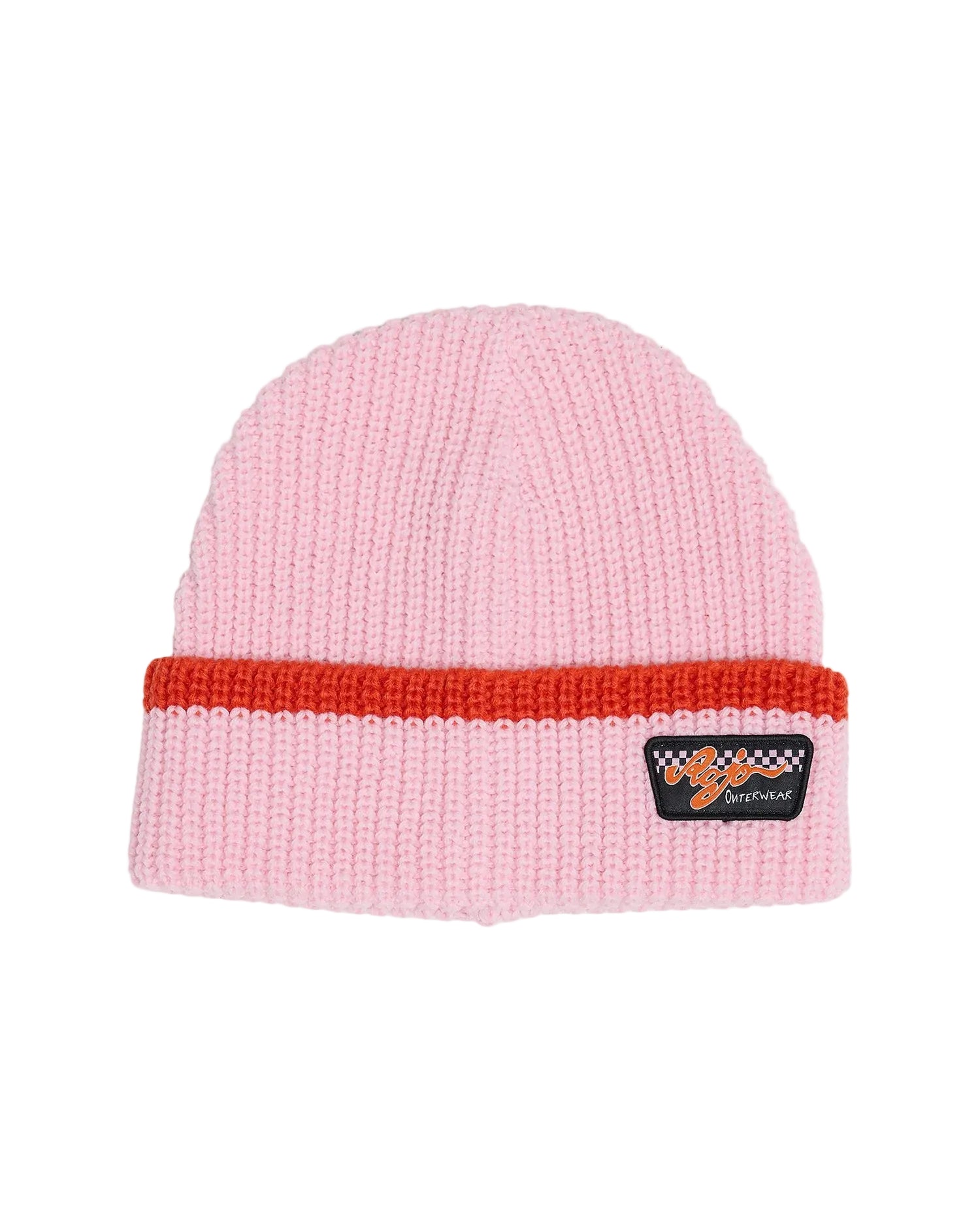 Rojo Ezy Beanie Pink beanie with a red band and logo on a light gray background