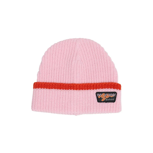 Rojo Ezy Beanie Pink beanie with a red band and logo on a light gray background