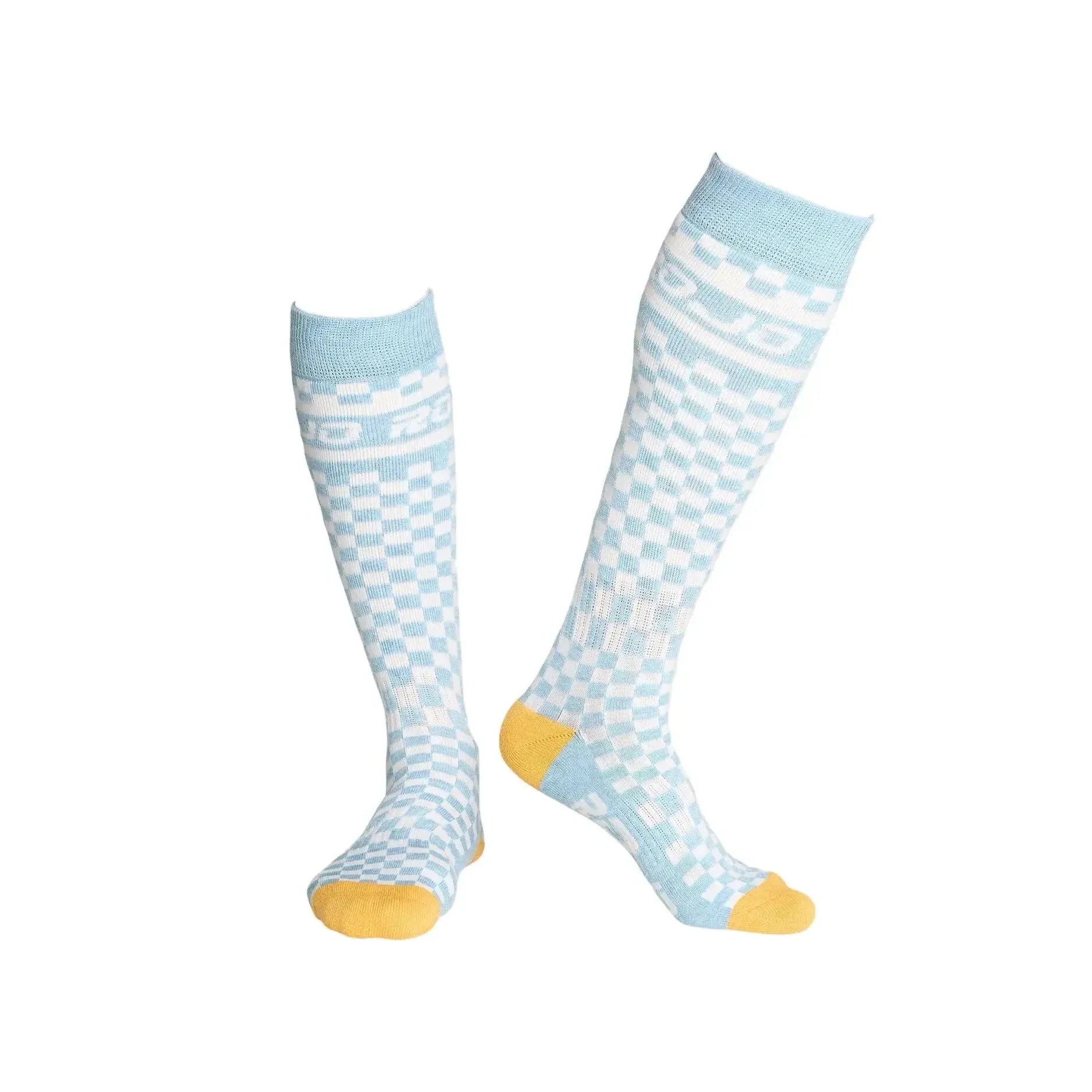 Rojo Checker sock, Pair of light blue knee-high socks with white patterns on a gray background