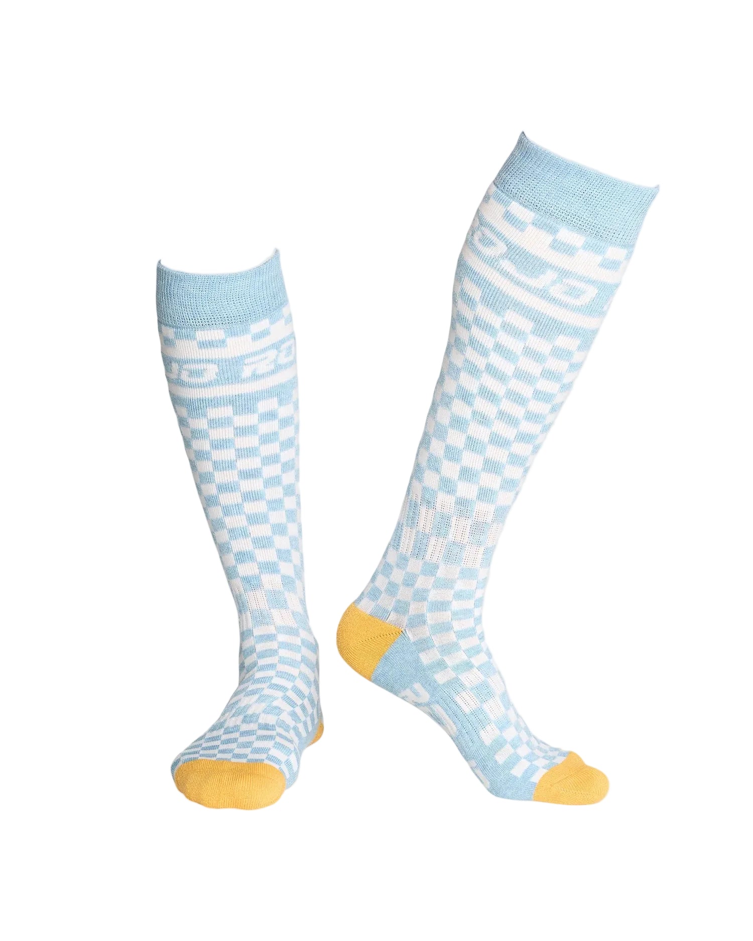 Rojo Checker sock, Pair of light blue knee-high socks with white patterns on a gray background