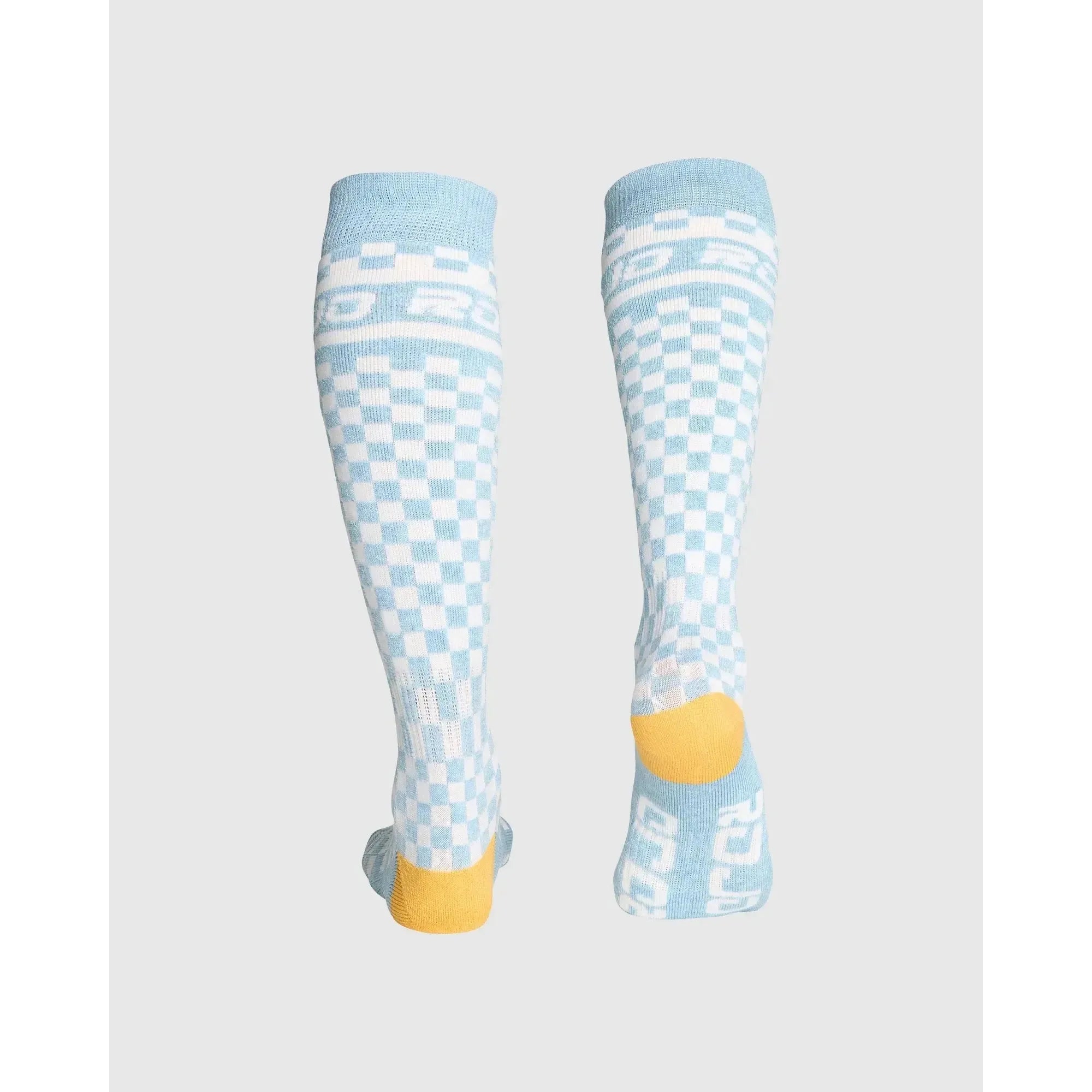 Rojo Checker Socks Pair of light blue knee-high socks with white patterns on a gray background