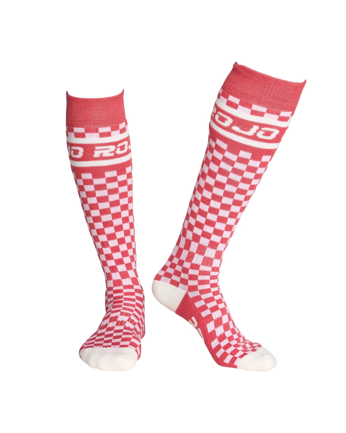 Rojo checker socks Red and white checkered socks with brand logo on a light gray background