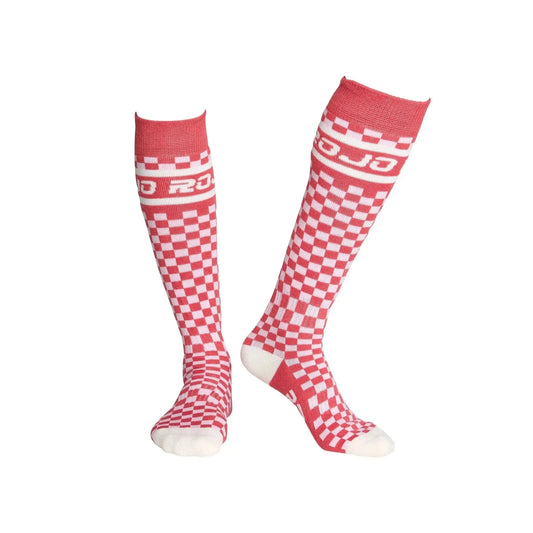 Rojo checker socks Red and white checkered socks with brand logo on a light gray background