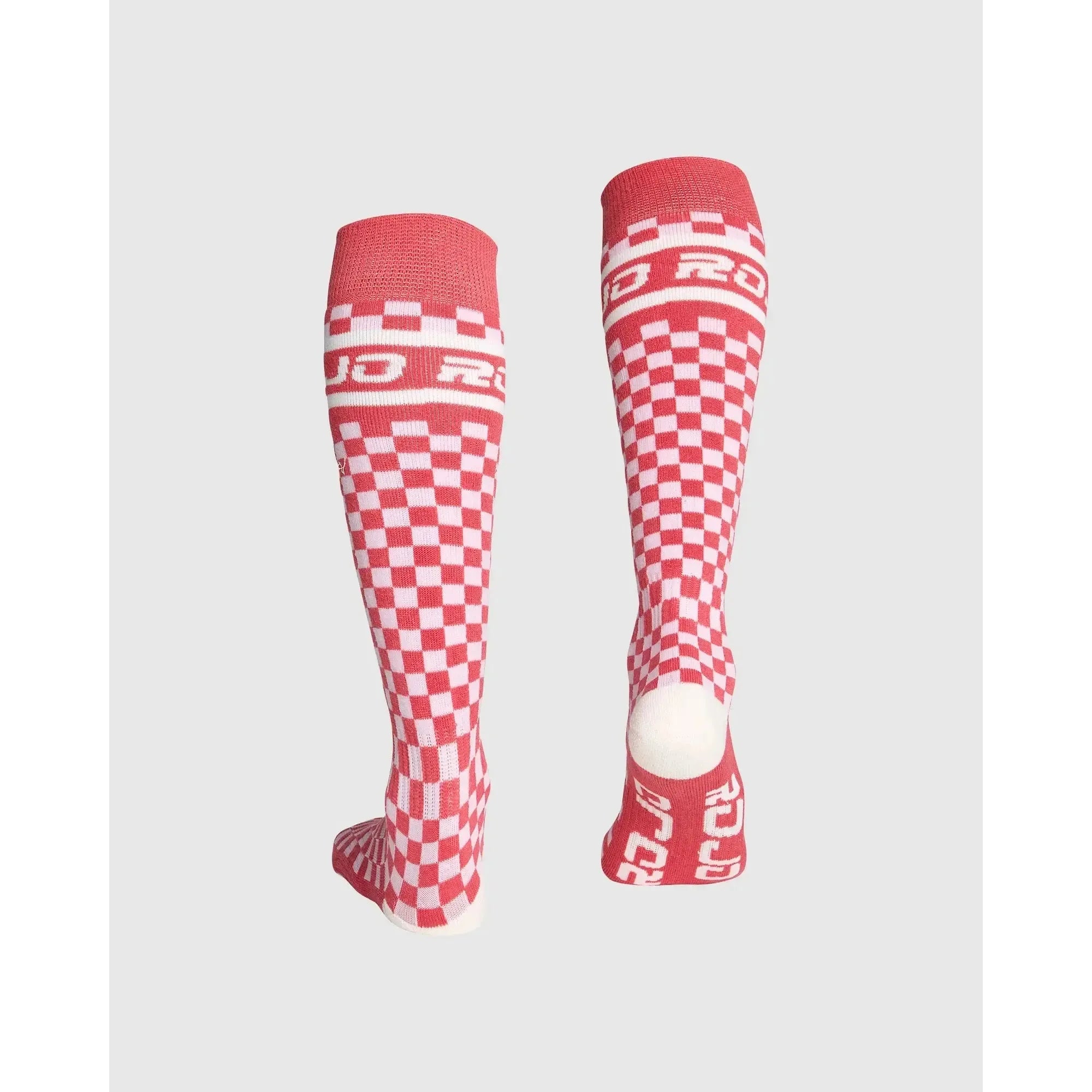 Red and white checkered socks with 'Roces' branding on a light gray background