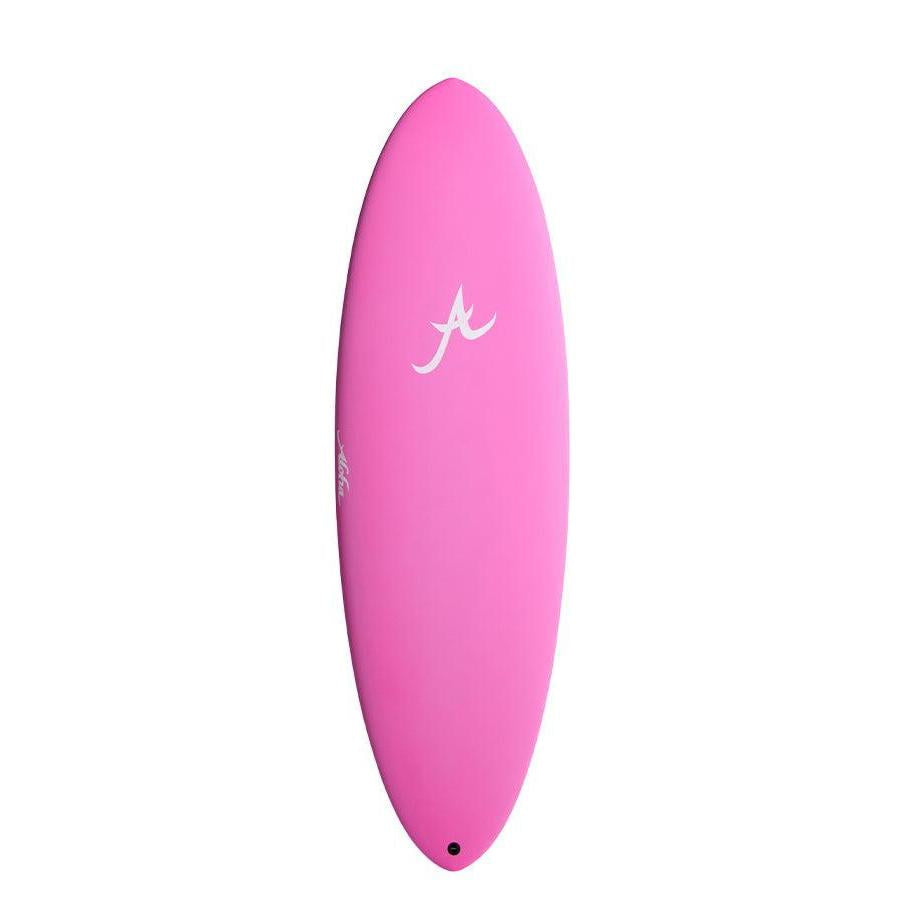 Pink surfboard with white logo, streamlined shape, isolated on white background