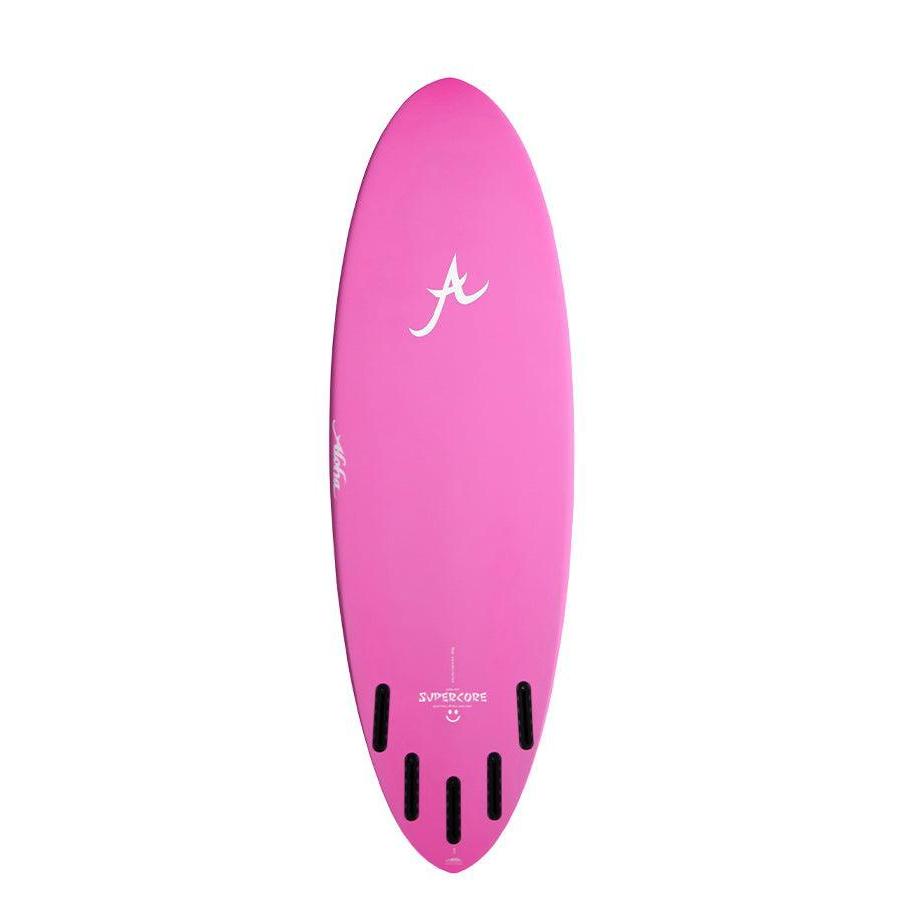 Pink surfboard with white logo and multiple black fin slots on a plain background