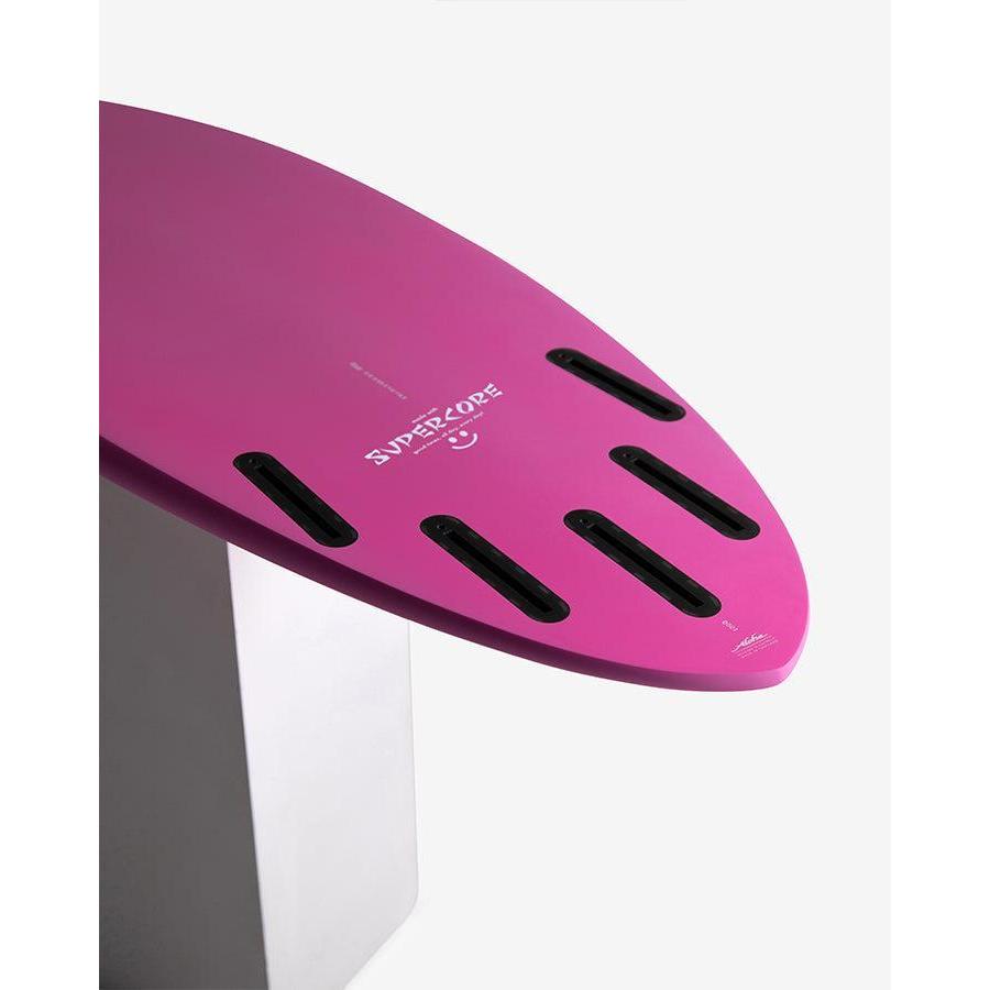 Pink surfboard tail with multiple fin slots, white background, SUPERCORP logo visible