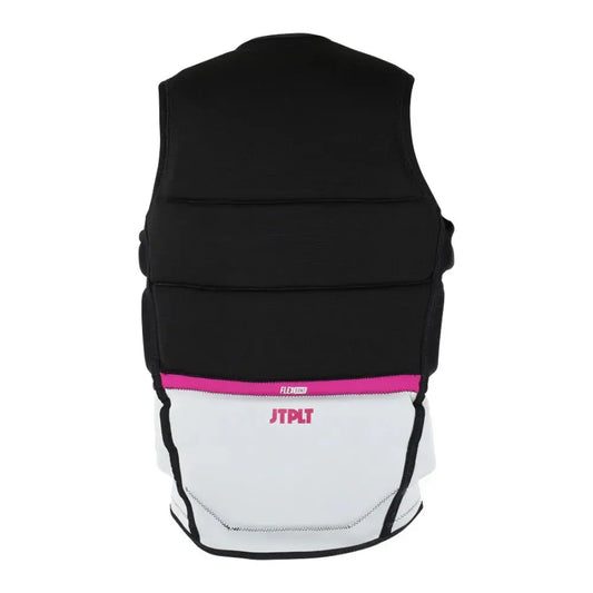 Black and white wakeboard impact vest with pink accents, JTPLT logo, sold at Boardstore.