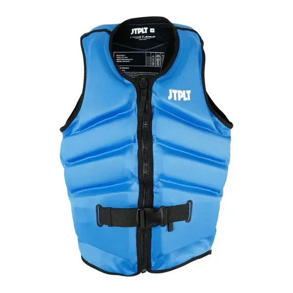 Blue wakeboard vest with front zipper and buckle, JTPLT logo, water sports gear