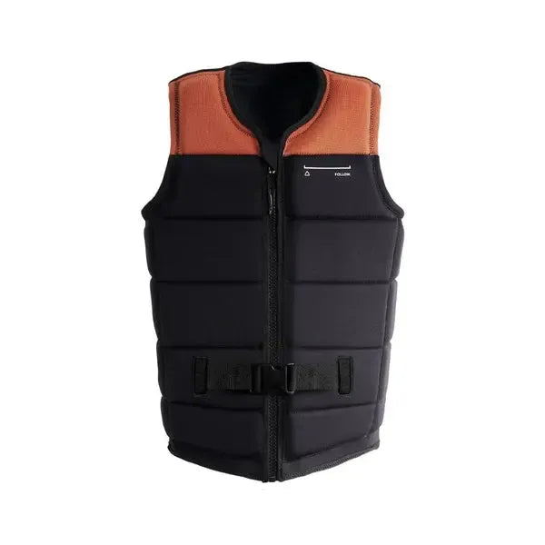 Black and orange wakeboard impact vest with front zipper and buckle, isolated on white