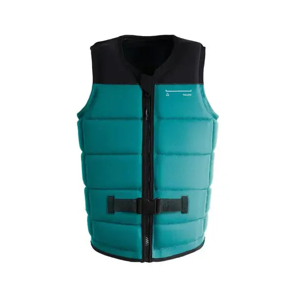 Teal and black wakeboard vest with front zipper and safety buckle, isolated on white background