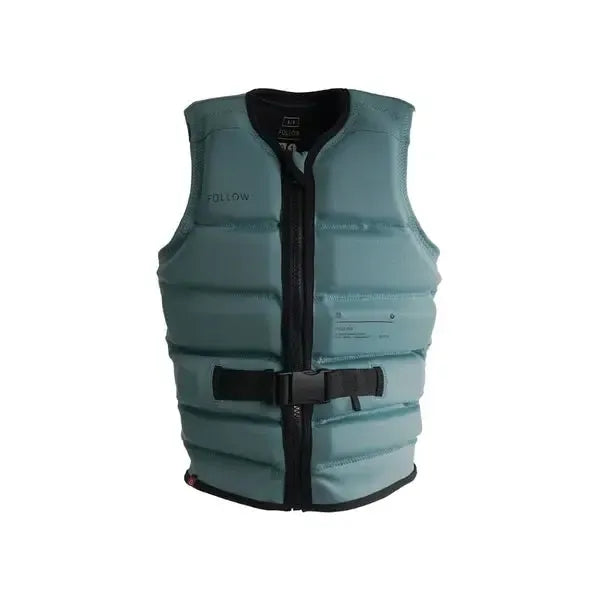 Light blue wakeboard vest with front zipper and adjustable buckle, suitable for watersports.