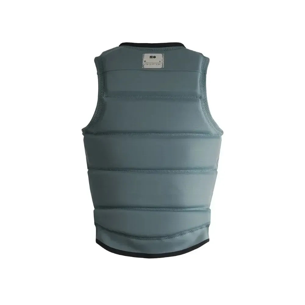 Back view of a blue-grey wakeboard impact vest with padded panels for water sports