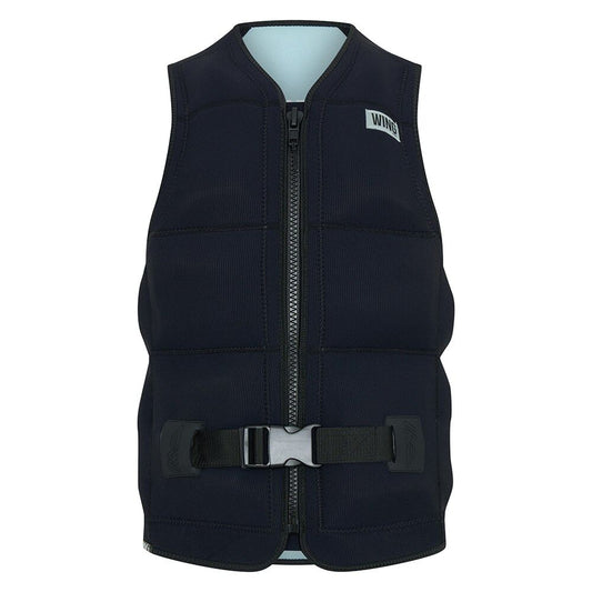 Black wakeboard impact vest with front zipper, buckle closure, and WING branding