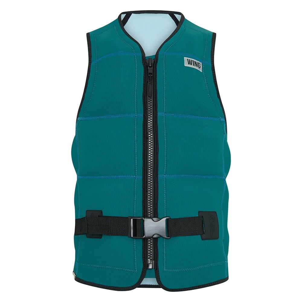 Teal WING wakeboard vest with front zipper and safety buckle, water sports gear at Welcome Boardstore