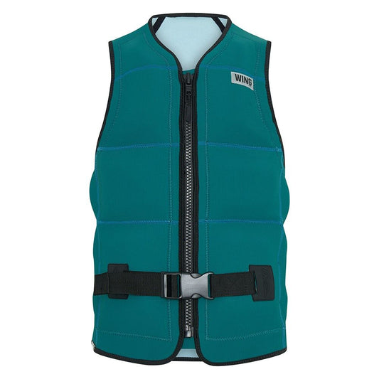 Teal WING wakeboard vest with front zipper and safety buckle, water sports gear at Welcome Boardstore