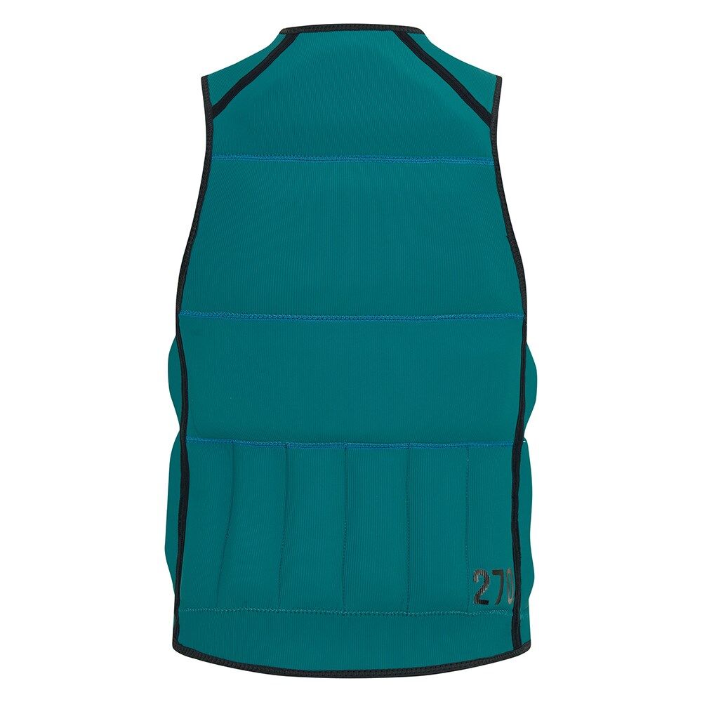 Teal and black wakeboard impact vest with stitched panels, rear view, Boardstore essentials
