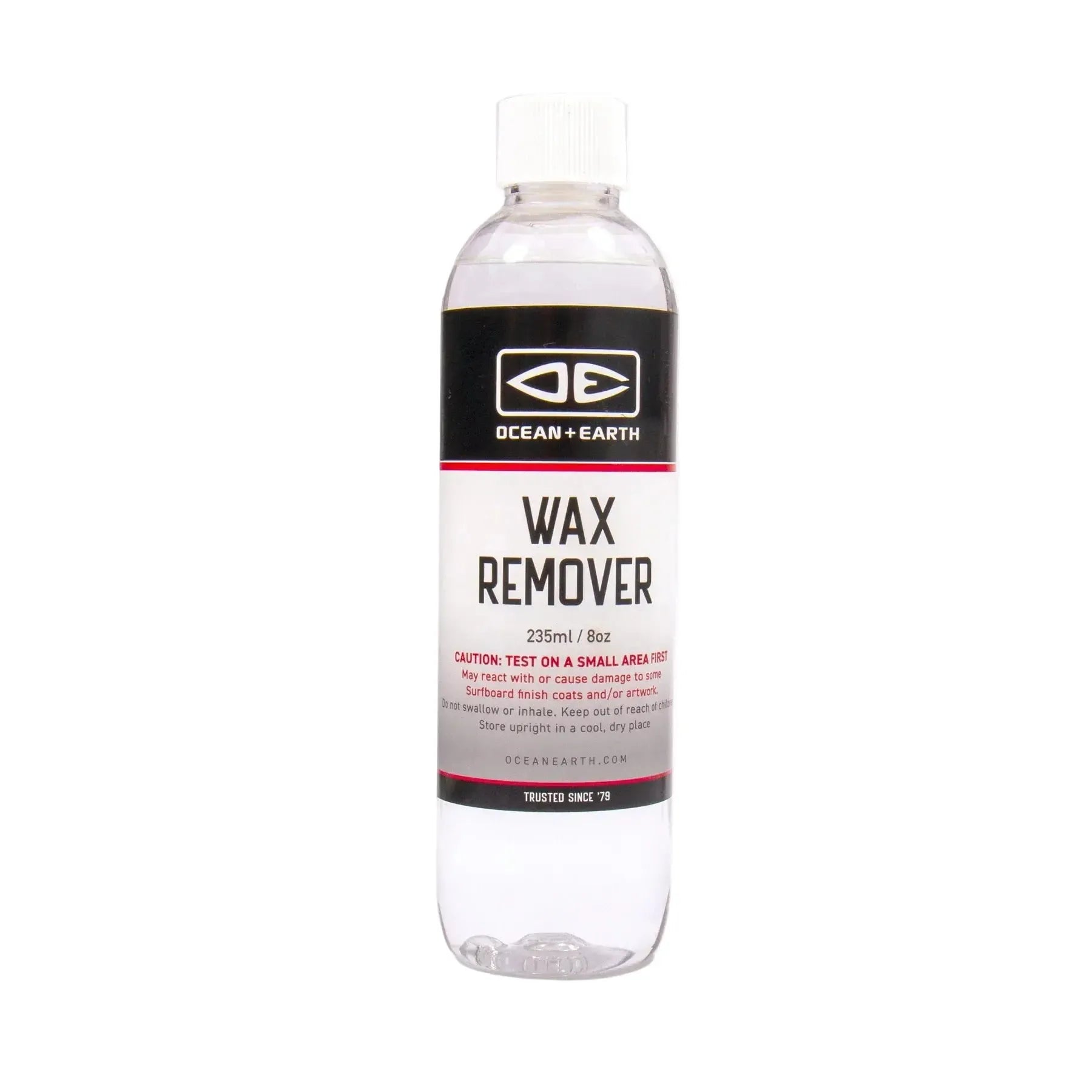 Bottle of Wax Remover with Ocean Earth logo on a white background welcome board store