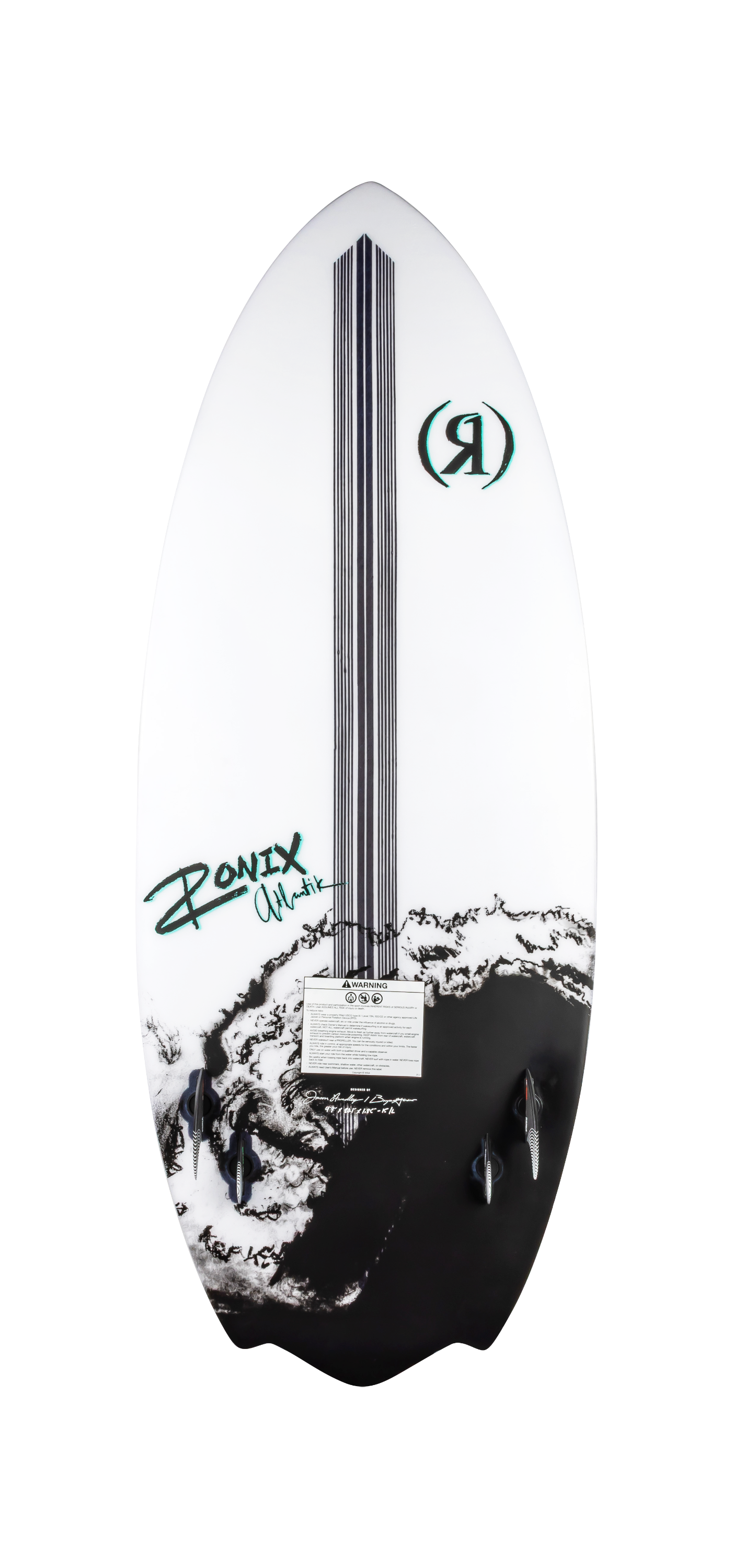 2027 Ronix Atlantik Flyweight Pro Wakesurf White / Black Swell — base with Pivot and Nub fins