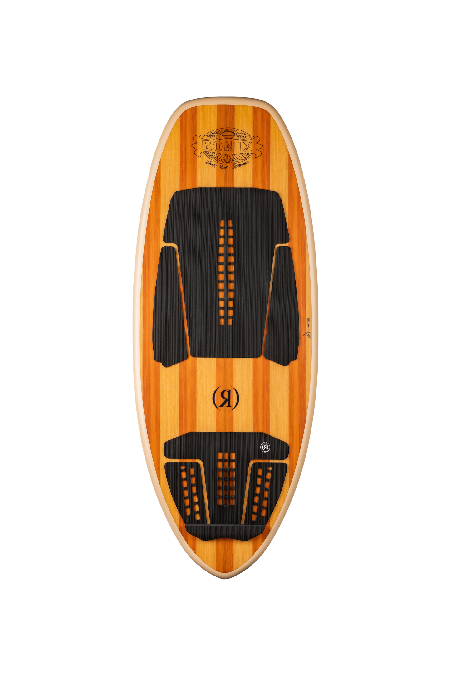 2027 Ronix Blunt Nose Skimmer Wakesurf Wood Inlay — topsheet showing the wide blunt nose