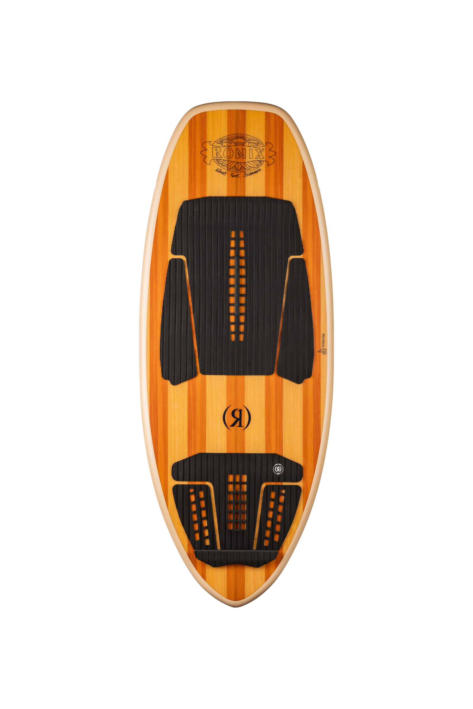 2027 Ronix Blunt Nose Skimmer Wakesurf Wood Inlay — topsheet showing the wide blunt nose