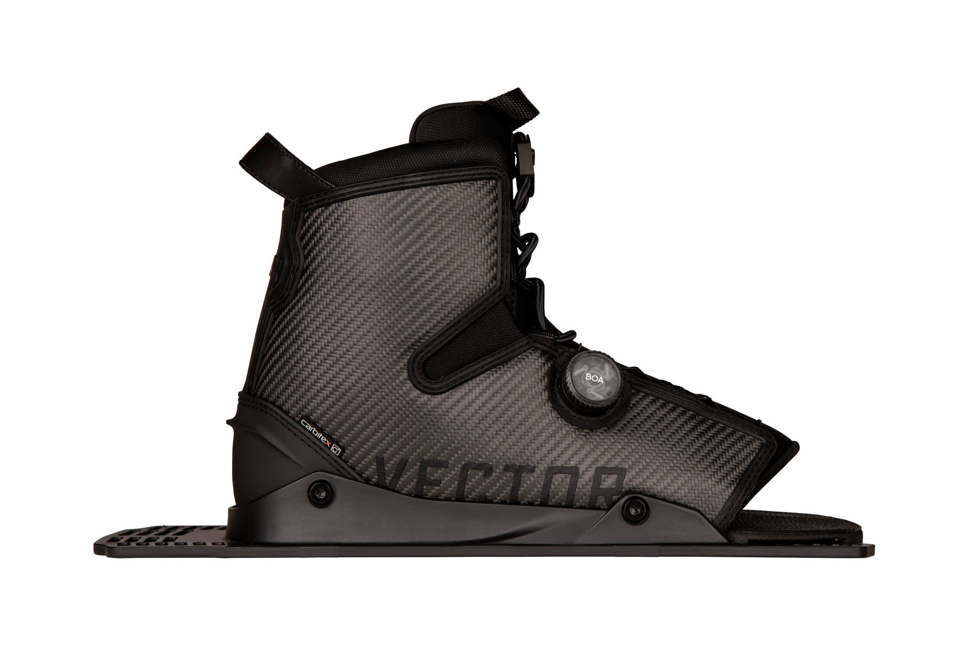 2027 Radar Carbitex Vector BOA rear boot Carbon — right side on the Feather Frame 2.0 chassis