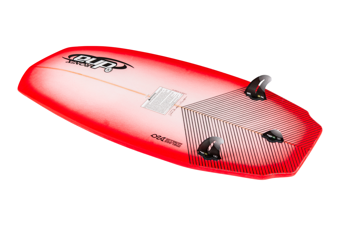 2027 Ronix DNA Flyweight Pro Wakesurf Arctic / Racing Red / Carbon — base with Flo Thru fins