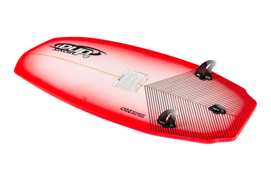2027 Ronix DNA Flyweight Pro Wakesurf Arctic / Racing Red / Carbon — base with Flo Thru fins