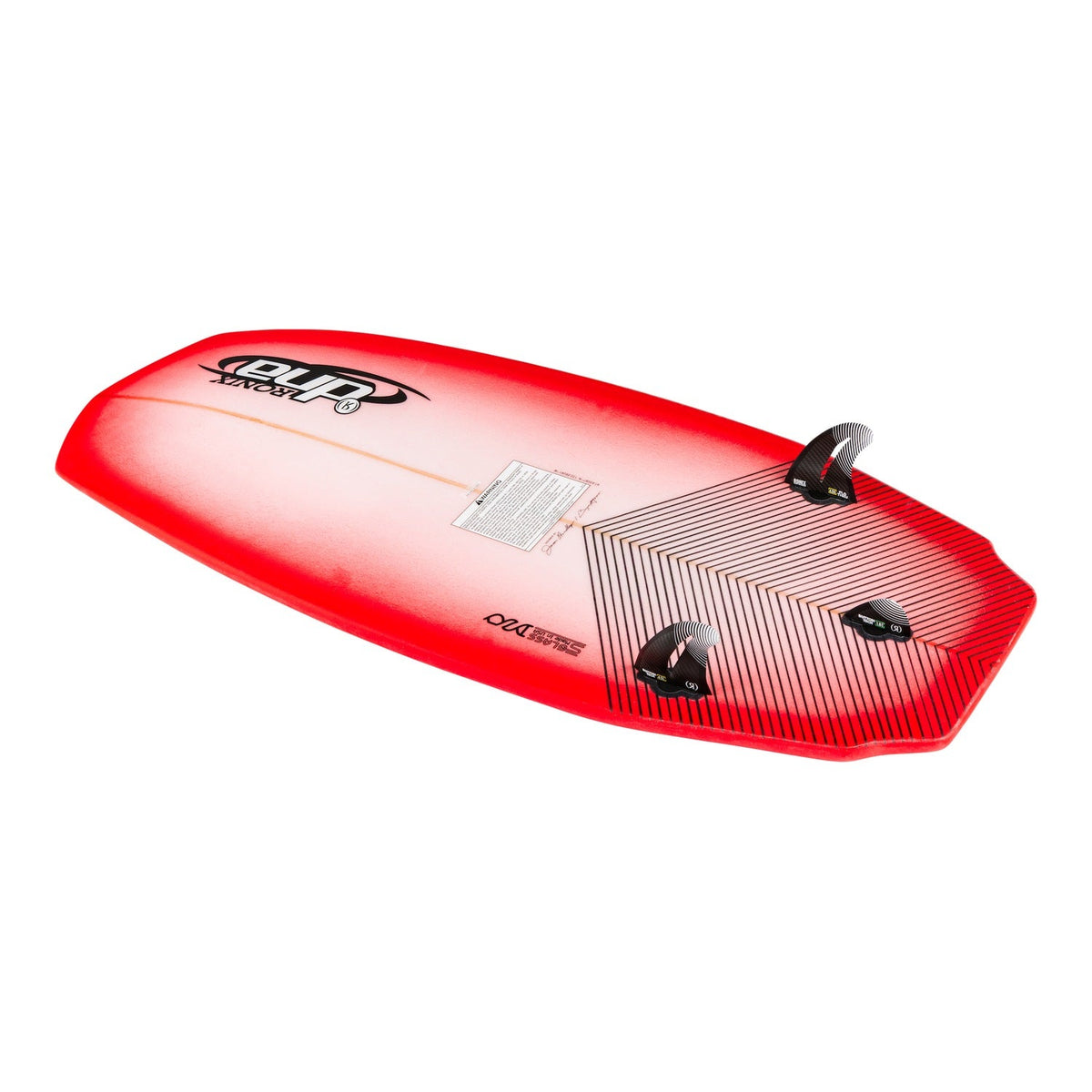 2027 Ronix DNA Flyweight Pro Wakesurf Arctic / Racing Red / Carbon — base with Flo Thru fins