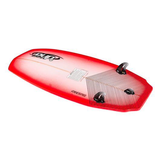 2027 Ronix DNA Flyweight Pro Wakesurf Arctic / Racing Red / Carbon — base with Flo Thru fins