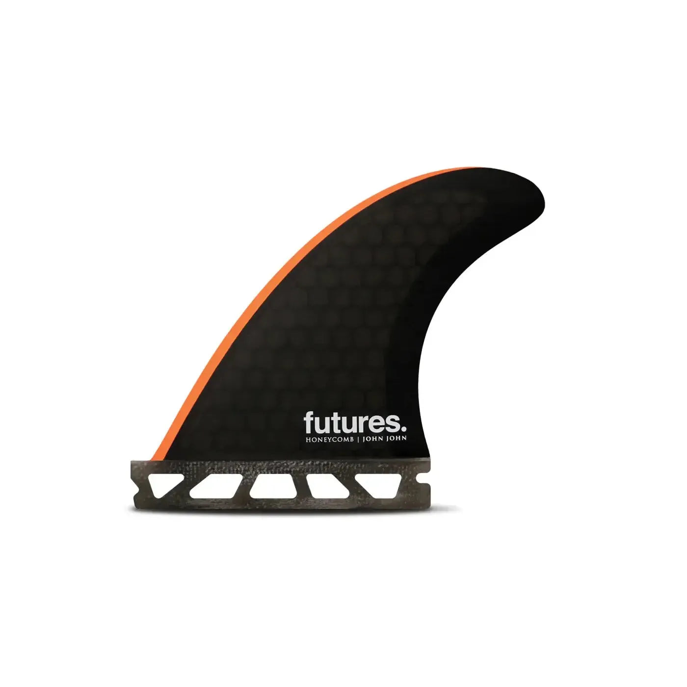 Black honeycomb surfboard fin with orange edge and cutout base, isolated on white background
